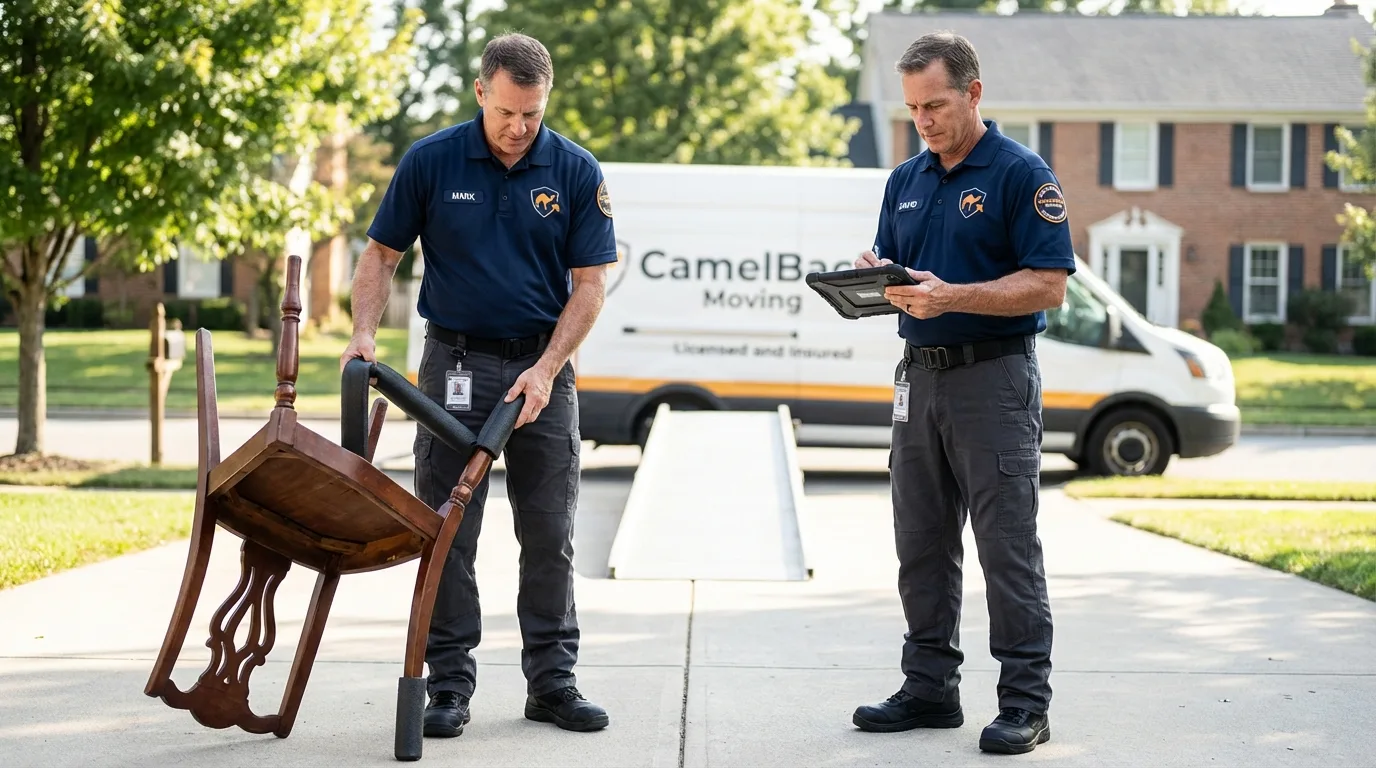 Movers inspecting furniture for damage prevention before loading in Philadelphia, MS